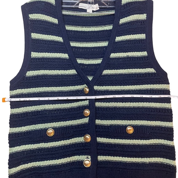LOFT Navy and Green Striped V-Neck Sweater Vest - Picture 2 of 6